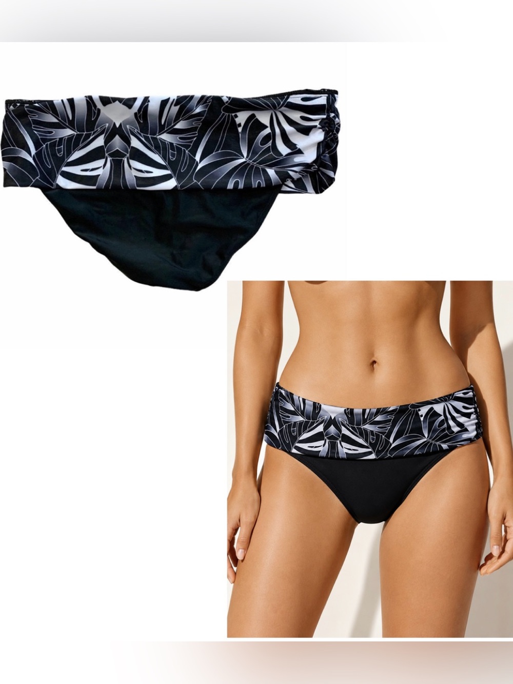 ACX Active Black white tropical leaf foldover bikini bottoms Sz L